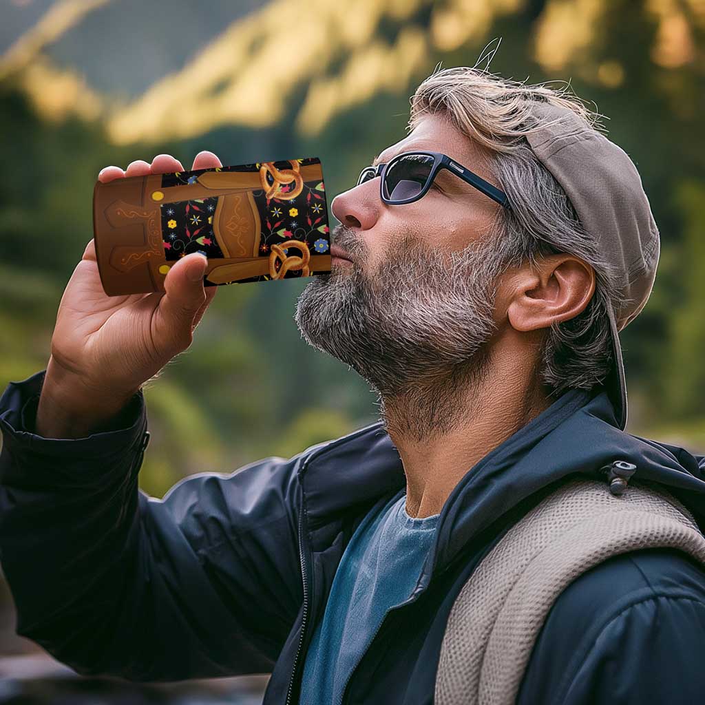 Traditional German Costume - Lederhosen and Soft Pretzel 4 in 1 Can Cooler Tumbler Folk Floral Pattern Style