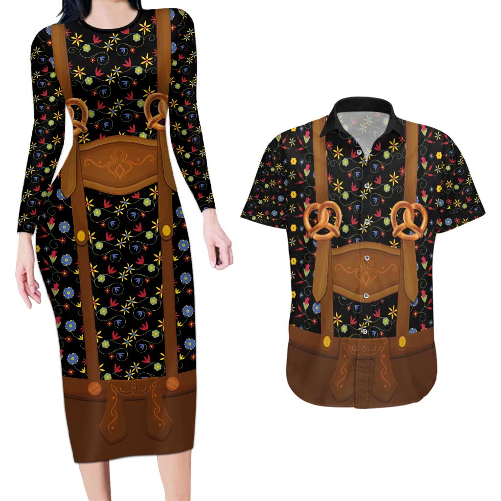 Traditional German Costume - Lederhosen and Soft Pretzel Couples Matching Long Sleeve Bodycon Dress and Hawaiian Shirt Folk Floral Pattern Style