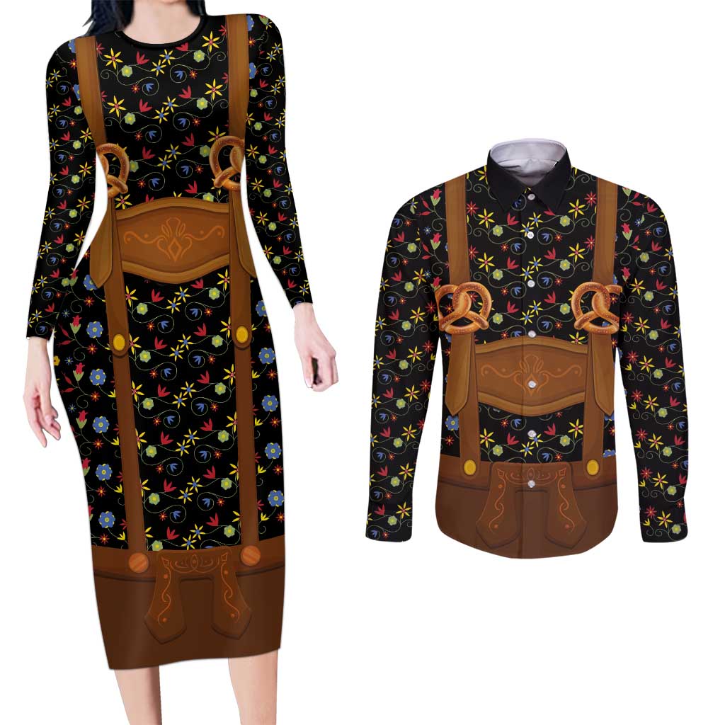 Traditional German Costume - Lederhosen and Soft Pretzel Couples Matching Long Sleeve Bodycon Dress and Long Sleeve Button Shirt Folk Floral Pattern Style