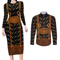 Traditional German Costume - Lederhosen and Soft Pretzel Couples Matching Long Sleeve Bodycon Dress and Long Sleeve Button Shirt Folk Floral Pattern Style