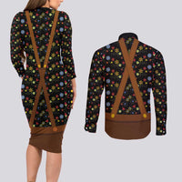 Traditional German Costume - Lederhosen and Soft Pretzel Couples Matching Long Sleeve Bodycon Dress and Long Sleeve Button Shirt Folk Floral Pattern Style