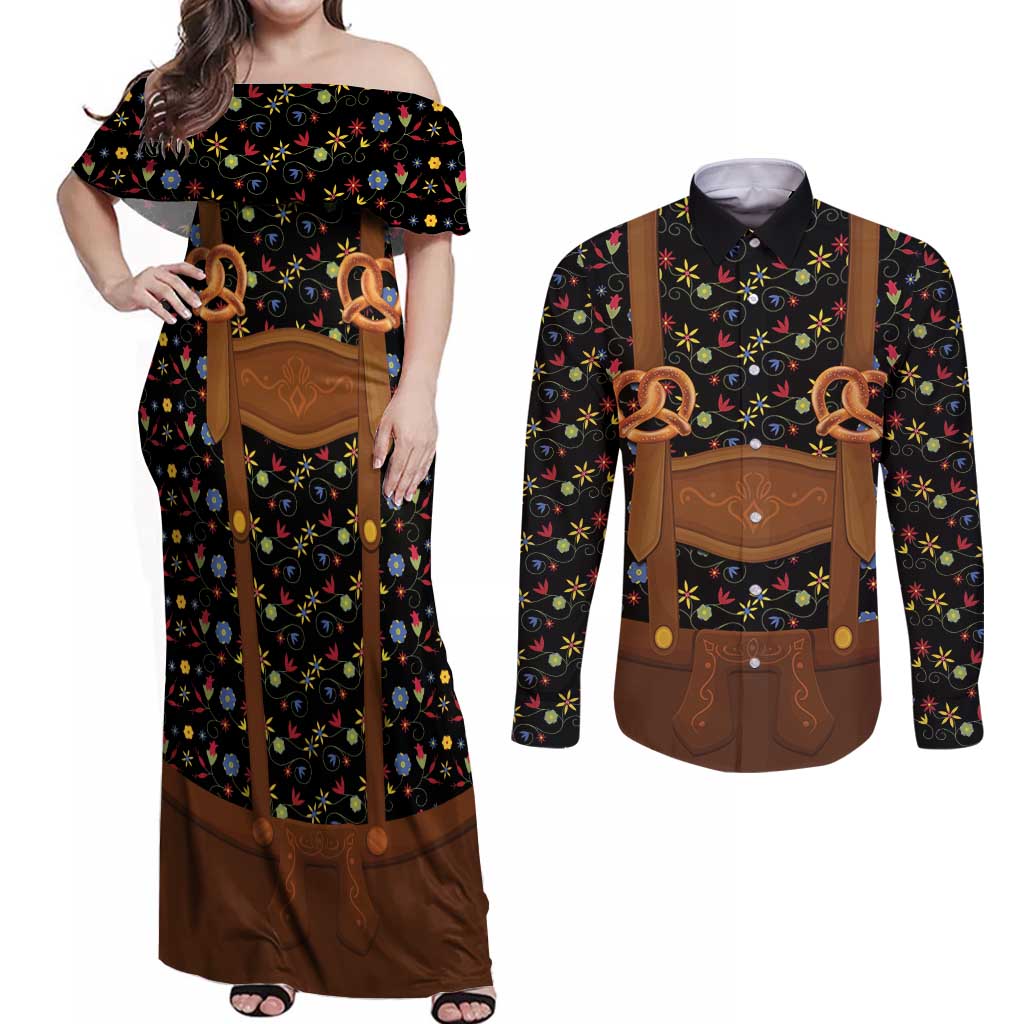 Traditional German Costume - Lederhosen and Soft Pretzel Couples Matching Off Shoulder Maxi Dress and Long Sleeve Button Shirt Folk Floral Pattern Style