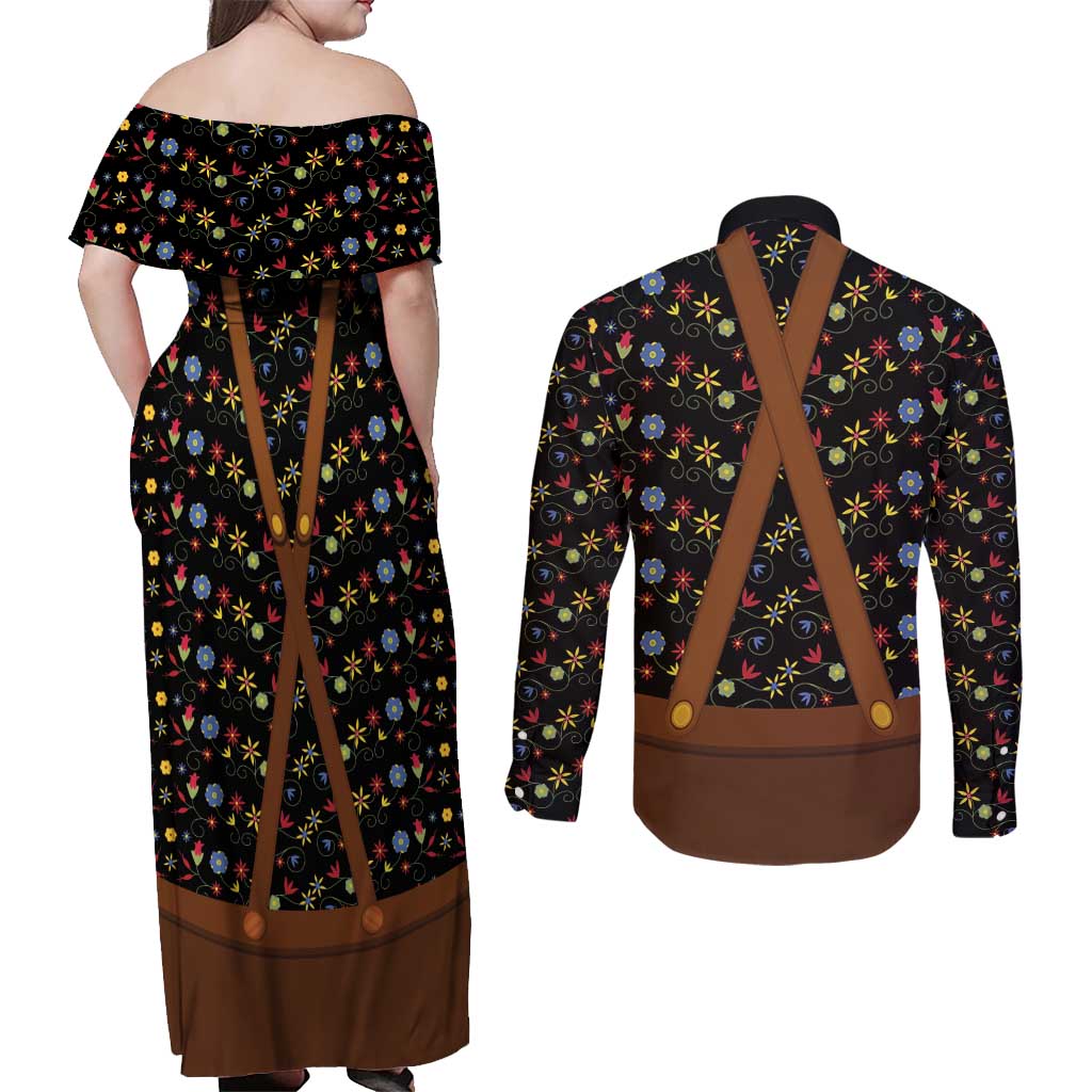 Traditional German Costume - Lederhosen and Soft Pretzel Couples Matching Off Shoulder Maxi Dress and Long Sleeve Button Shirt Folk Floral Pattern Style