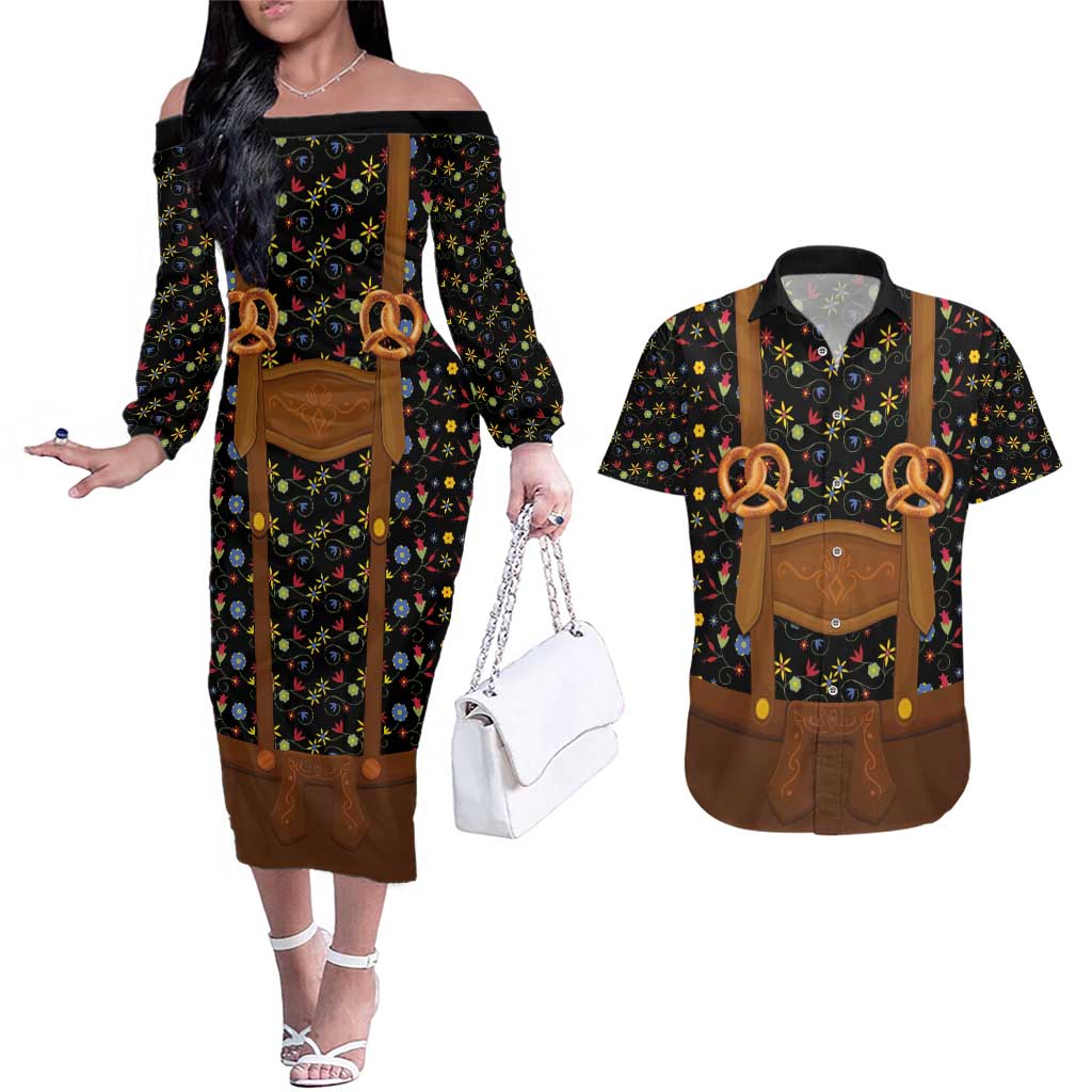Traditional German Costume - Lederhosen and Soft Pretzel Couples Matching Off The Shoulder Long Sleeve Dress and Hawaiian Shirt Folk Floral Pattern Style