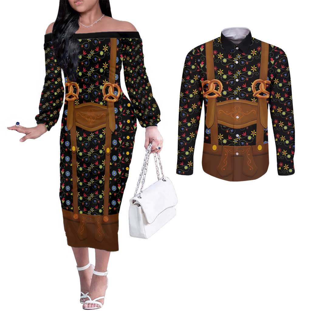Traditional German Costume - Lederhosen and Soft Pretzel Couples Matching Off The Shoulder Long Sleeve Dress and Long Sleeve Button Shirt Folk Floral Pattern Style