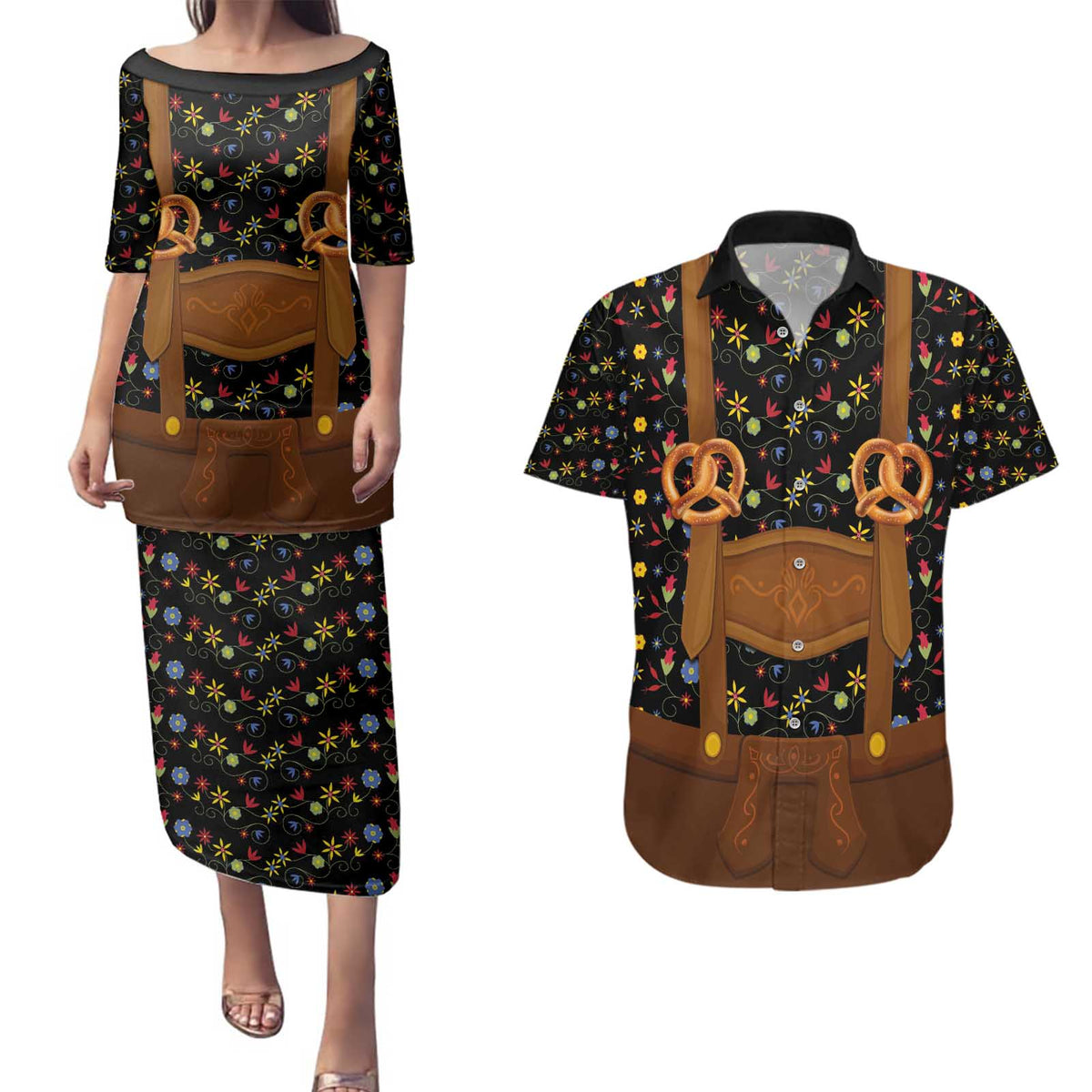 Traditional German Costume - Lederhosen and Soft Pretzel Couples Matching Puletasi and Hawaiian Shirt Folk Floral Pattern Style