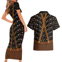 Traditional German Costume - Lederhosen and Soft Pretzel Couples Matching Short Sleeve Bodycon Dress and Hawaiian Shirt Folk Floral Pattern Style
