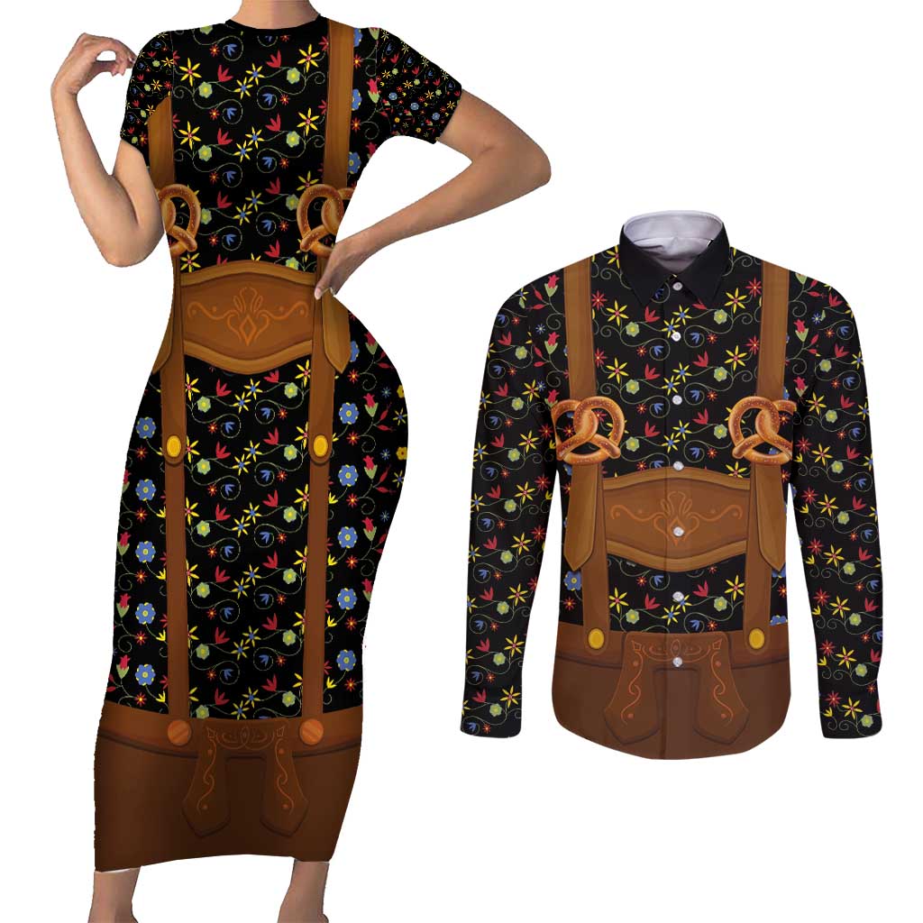 Traditional German Costume - Lederhosen and Soft Pretzel Couples Matching Short Sleeve Bodycon Dress and Long Sleeve Button Shirt Folk Floral Pattern Style
