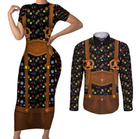 Traditional German Costume - Lederhosen and Soft Pretzel Couples Matching Short Sleeve Bodycon Dress and Long Sleeve Button Shirt Folk Floral Pattern Style