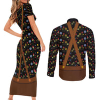 Traditional German Costume - Lederhosen and Soft Pretzel Couples Matching Short Sleeve Bodycon Dress and Long Sleeve Button Shirt Folk Floral Pattern Style