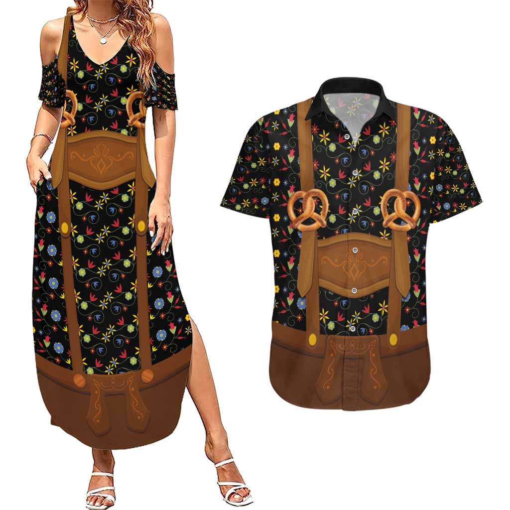 Traditional German Costume - Lederhosen and Soft Pretzel Couples Matching Summer Maxi Dress and Hawaiian Shirt Folk Floral Pattern Style
