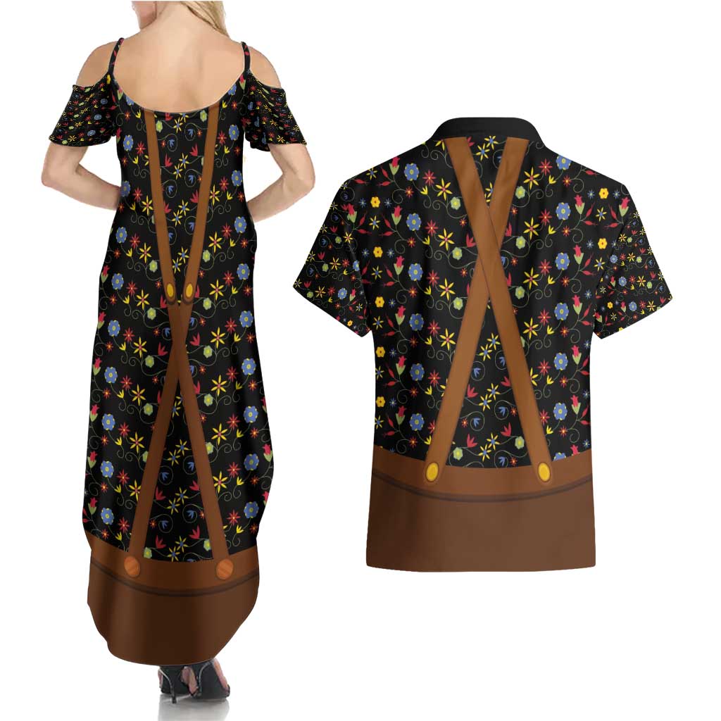 Traditional German Costume - Lederhosen and Soft Pretzel Couples Matching Summer Maxi Dress and Hawaiian Shirt Folk Floral Pattern Style
