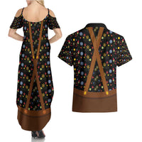 Traditional German Costume - Lederhosen and Soft Pretzel Couples Matching Summer Maxi Dress and Hawaiian Shirt Folk Floral Pattern Style