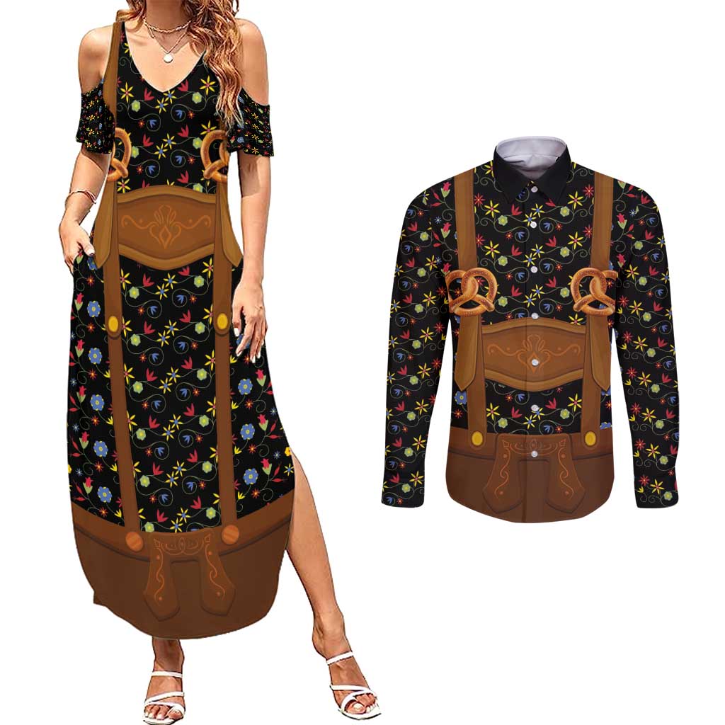 Traditional German Costume - Lederhosen and Soft Pretzel Couples Matching Summer Maxi Dress and Long Sleeve Button Shirt Folk Floral Pattern Style