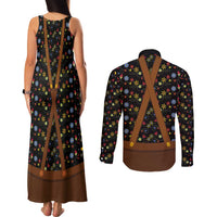 Traditional German Costume - Lederhosen and Soft Pretzel Couples Matching Tank Maxi Dress and Long Sleeve Button Shirt Folk Floral Pattern Style