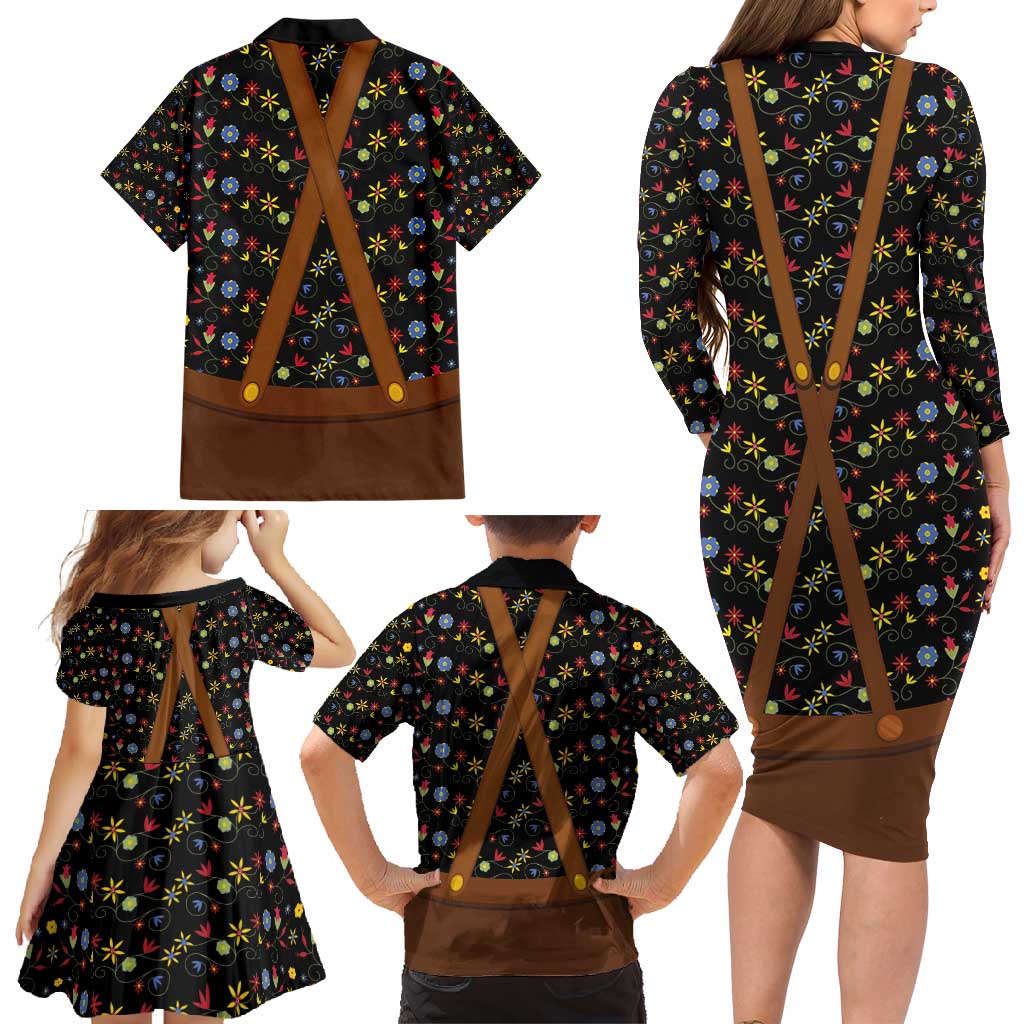 Traditional German Costume - Lederhosen and Soft Pretzel Family Matching Long Sleeve Bodycon Dress and Hawaiian Shirt Folk Floral Pattern Style
