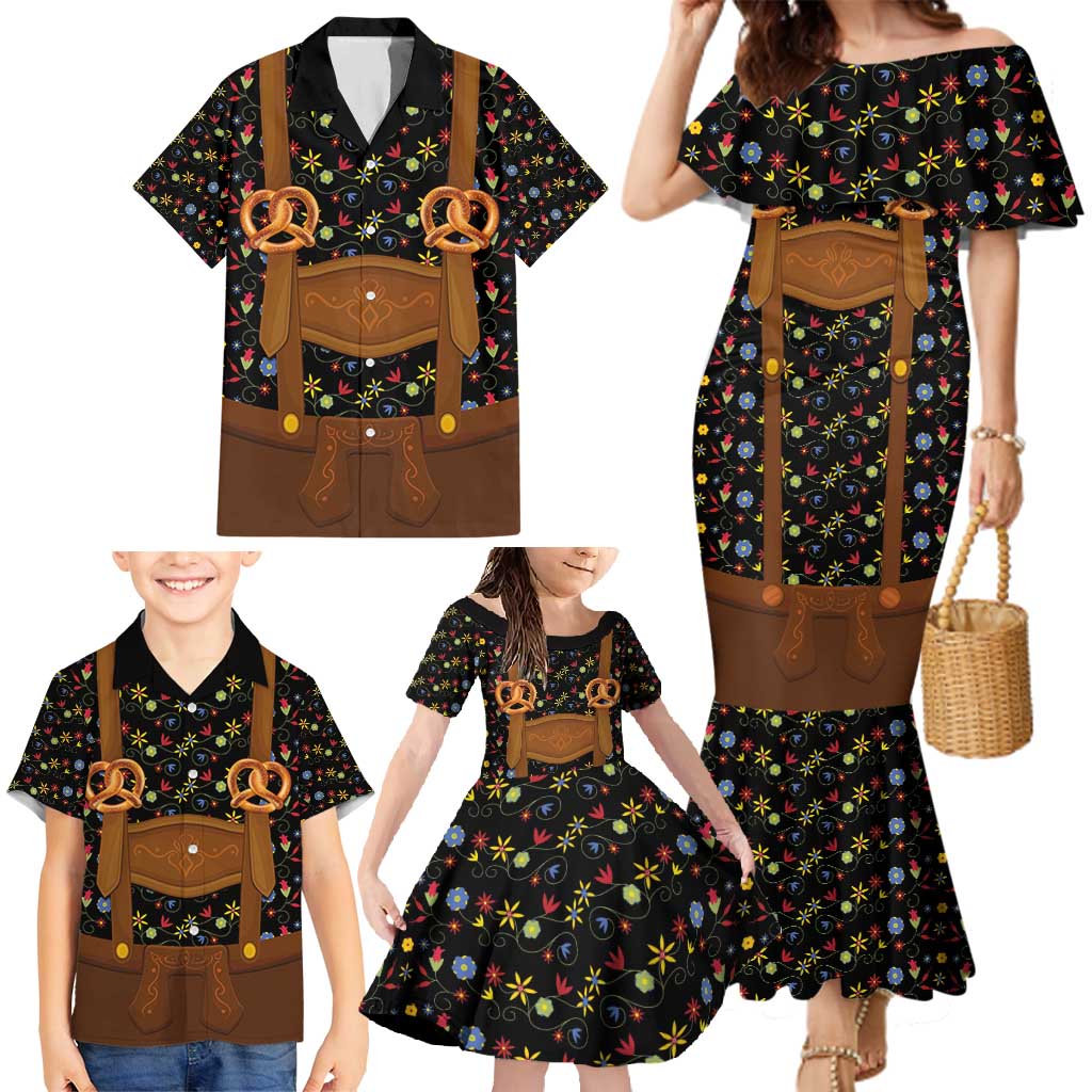 Traditional German Costume - Lederhosen and Soft Pretzel Family Matching Mermaid Dress and Hawaiian Shirt Folk Floral Pattern Style