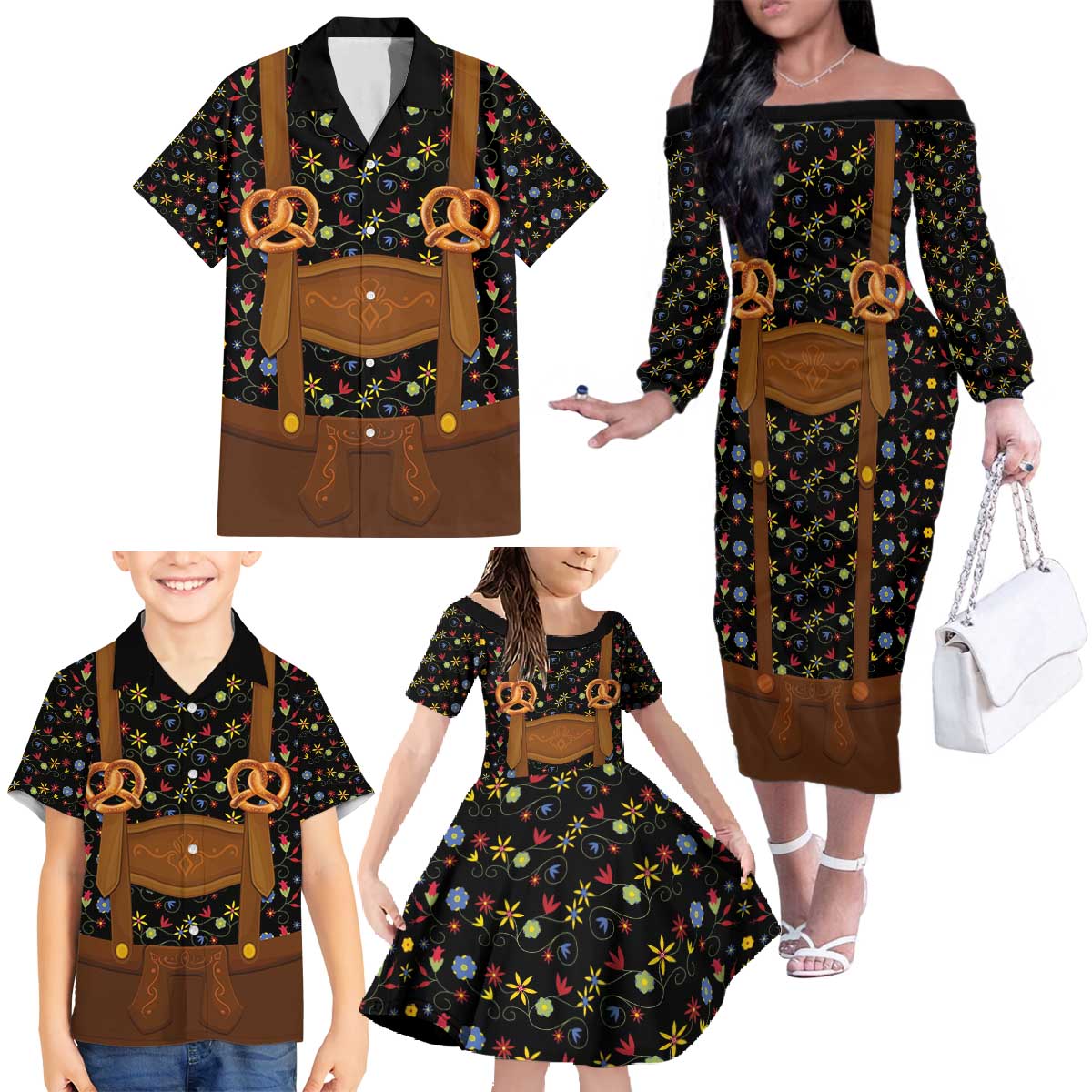 Traditional German Costume - Lederhosen and Soft Pretzel Family Matching Off The Shoulder Long Sleeve Dress and Hawaiian Shirt Folk Floral Pattern Style