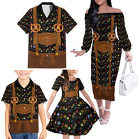 Traditional German Costume - Lederhosen and Soft Pretzel Family Matching Off The Shoulder Long Sleeve Dress and Hawaiian Shirt Folk Floral Pattern Style