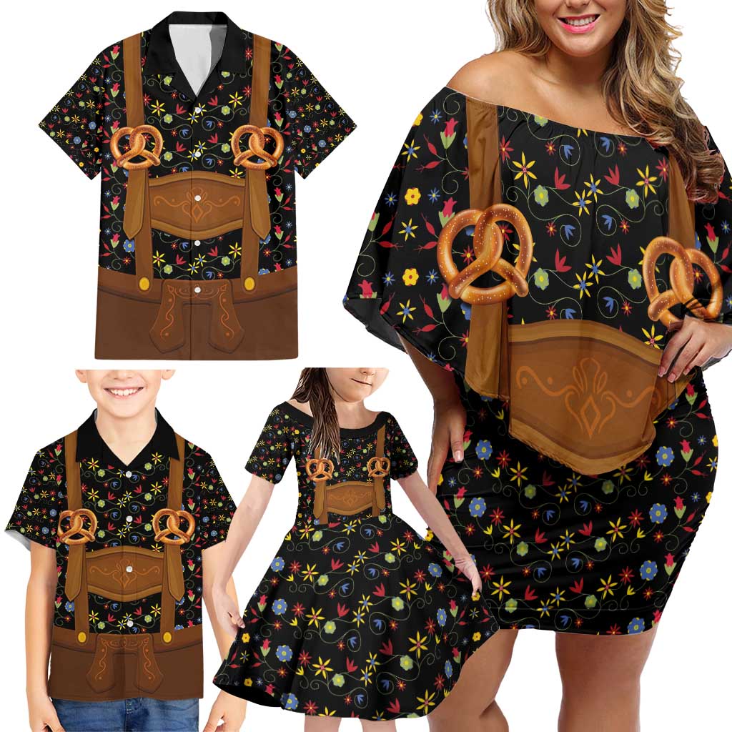 Traditional German Costume - Lederhosen and Soft Pretzel Family Matching Off Shoulder Short Dress and Hawaiian Shirt Folk Floral Pattern Style