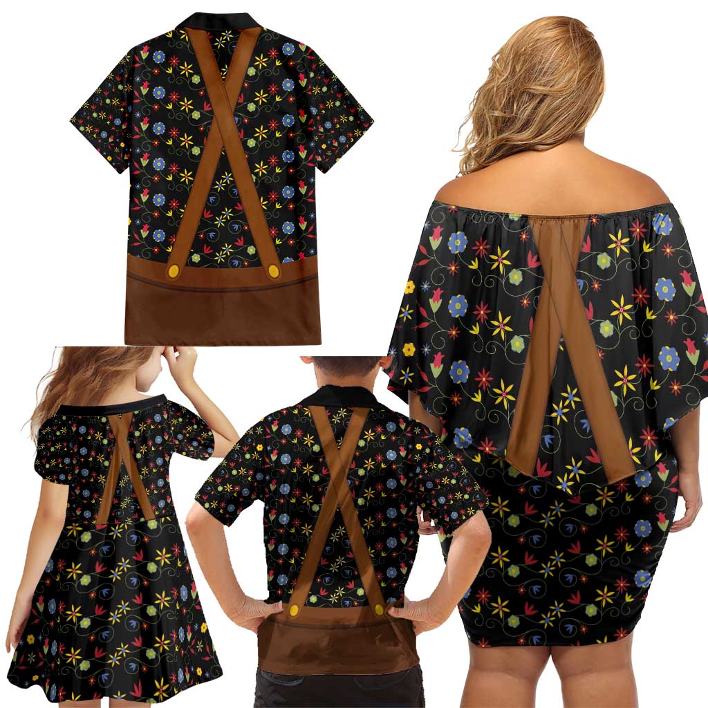 Traditional German Costume - Lederhosen and Soft Pretzel Family Matching Off Shoulder Short Dress and Hawaiian Shirt Folk Floral Pattern Style