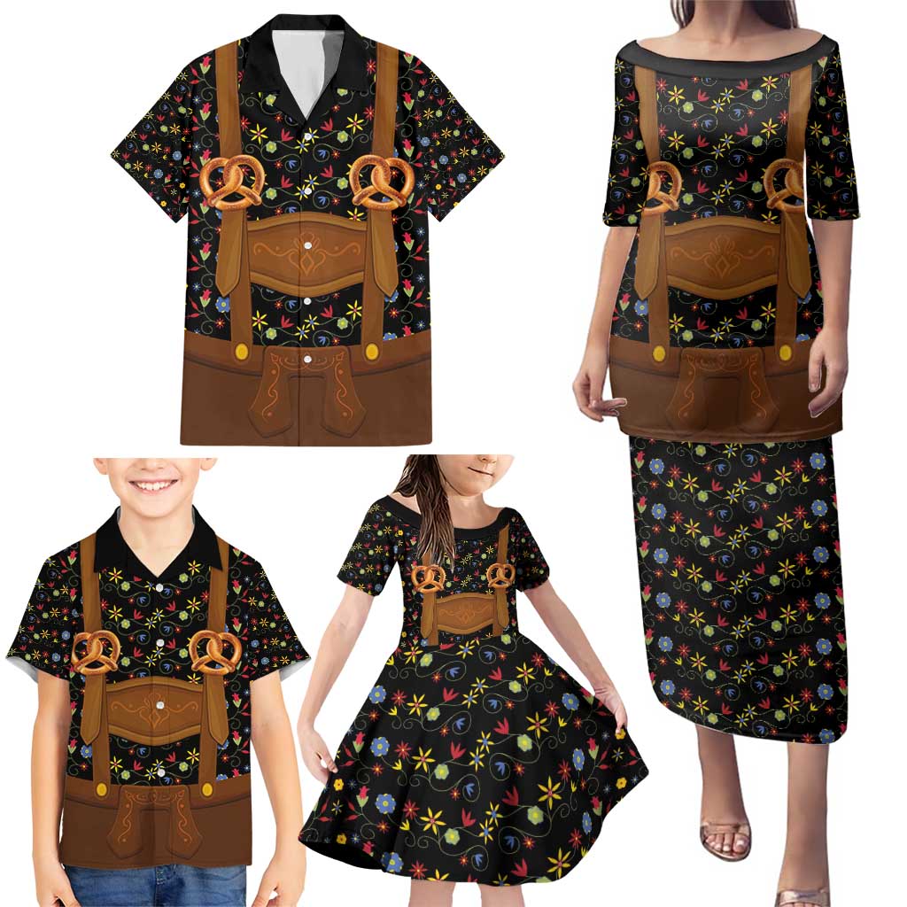 Traditional German Costume - Lederhosen and Soft Pretzel Family Matching Puletasi and Hawaiian Shirt Folk Floral Pattern Style