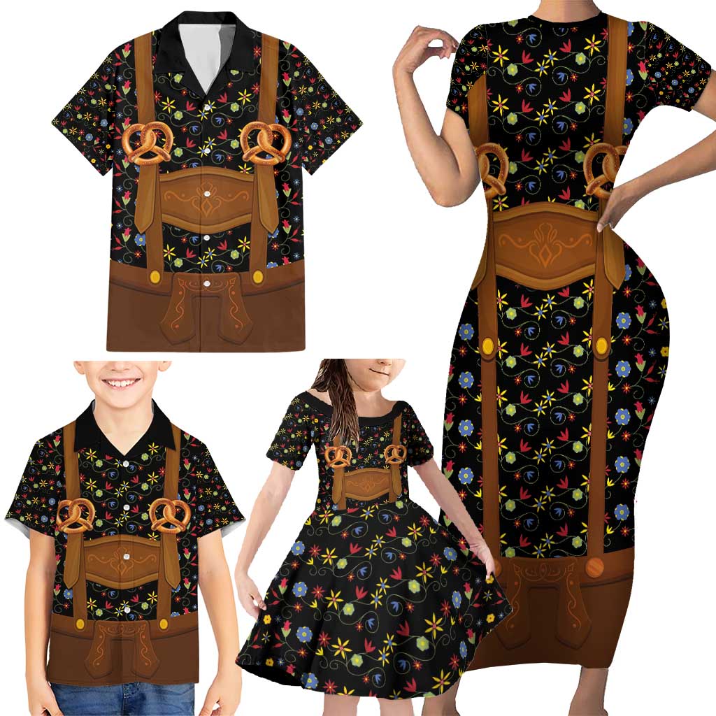 Traditional German Costume - Lederhosen and Soft Pretzel Family Matching Short Sleeve Bodycon Dress and Hawaiian Shirt Folk Floral Pattern Style