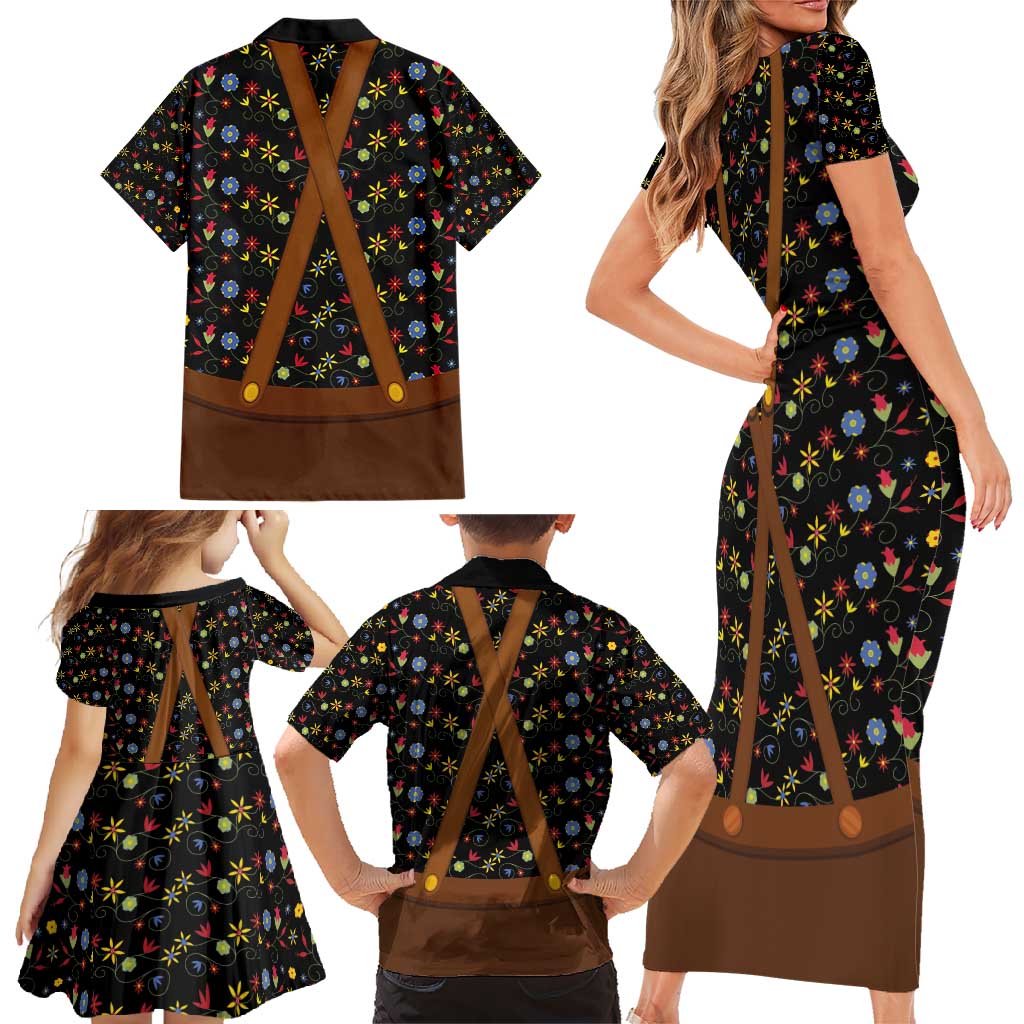 Traditional German Costume - Lederhosen and Soft Pretzel Family Matching Short Sleeve Bodycon Dress and Hawaiian Shirt Folk Floral Pattern Style