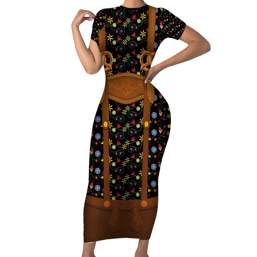 Traditional German Costume - Lederhosen and Soft Pretzel Family Matching Short Sleeve Bodycon Dress and Hawaiian Shirt Folk Floral Pattern Style
