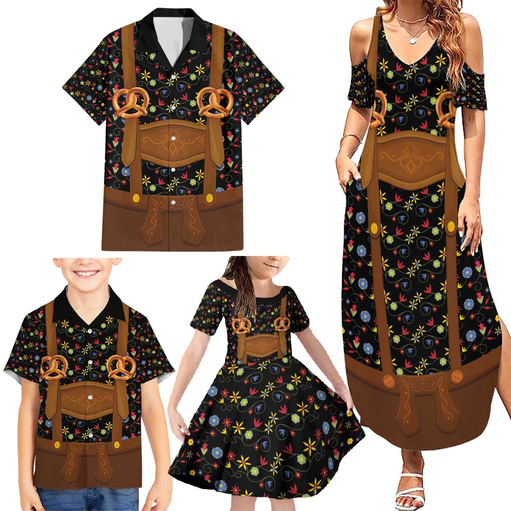 Traditional German Costume - Lederhosen and Soft Pretzel Family Matching Summer Maxi Dress and Hawaiian Shirt Folk Floral Pattern Style
