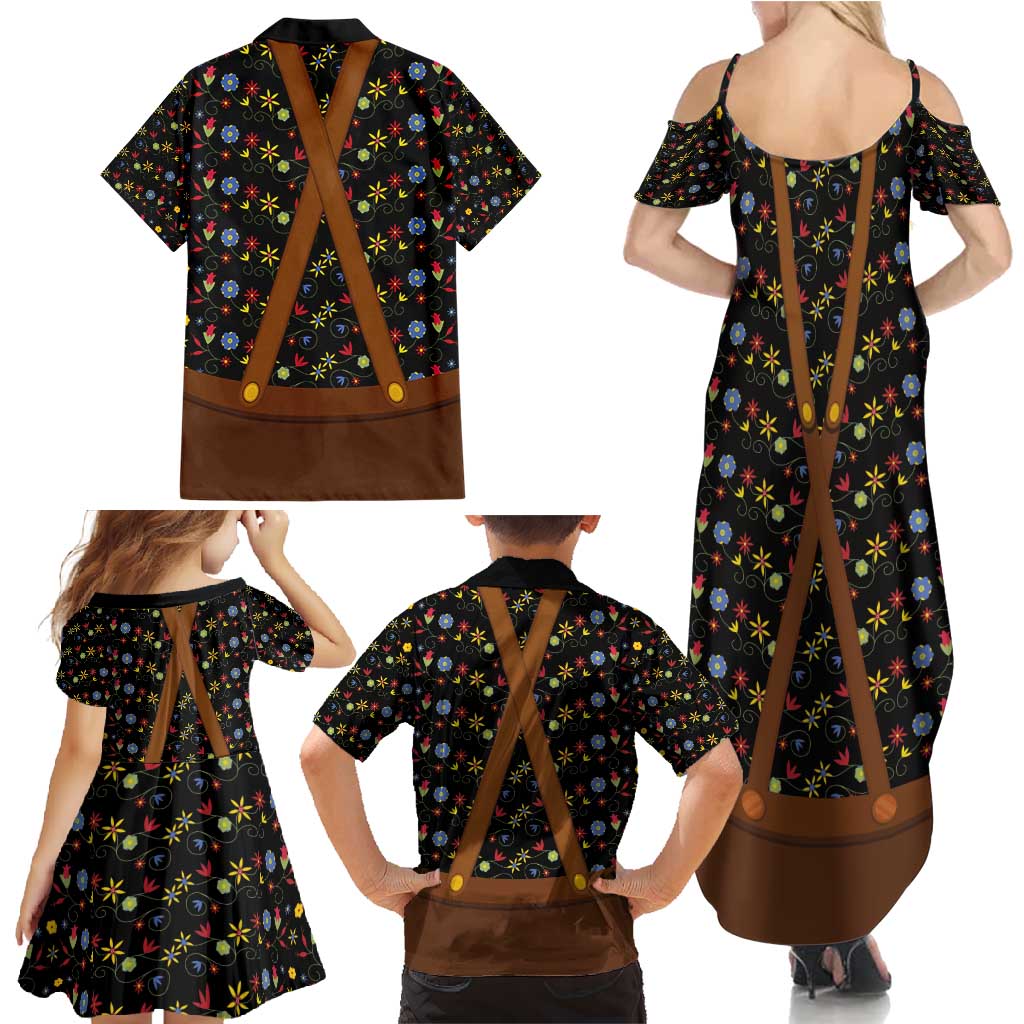 Traditional German Costume - Lederhosen and Soft Pretzel Family Matching Summer Maxi Dress and Hawaiian Shirt Folk Floral Pattern Style