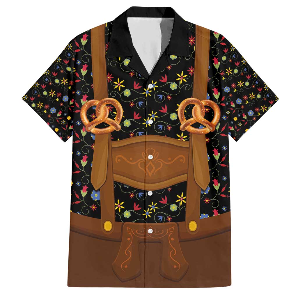 Traditional German Costume - Lederhosen and Soft Pretzel Hawaiian Shirt Folk Floral Pattern Style