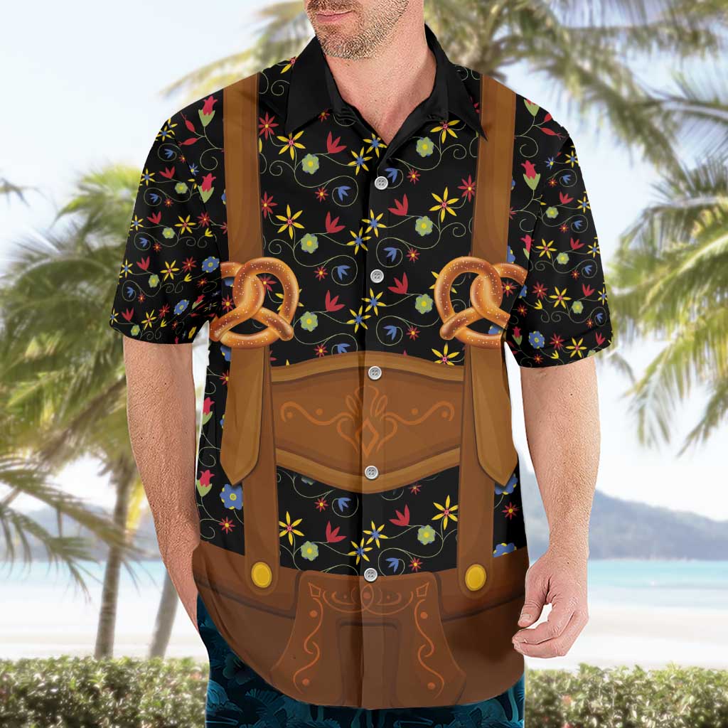 Traditional German Costume - Lederhosen and Soft Pretzel Hawaiian Shirt Folk Floral Pattern Style