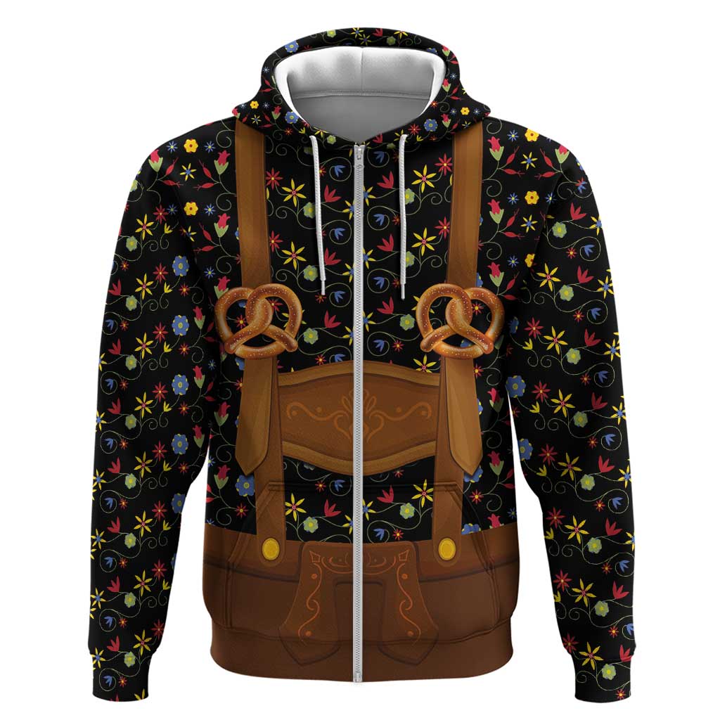 Traditional German Costume - Lederhosen and Soft Pretzel Hoodie Folk Floral Pattern Style