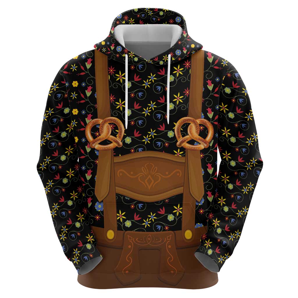 Traditional German Costume - Lederhosen and Soft Pretzel Hoodie Folk Floral Pattern Style