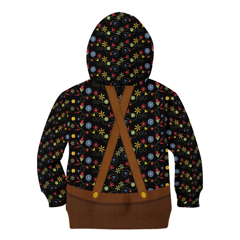 Traditional German Costume - Lederhosen and Soft Pretzel Kid Hoodie Folk Floral Pattern Style