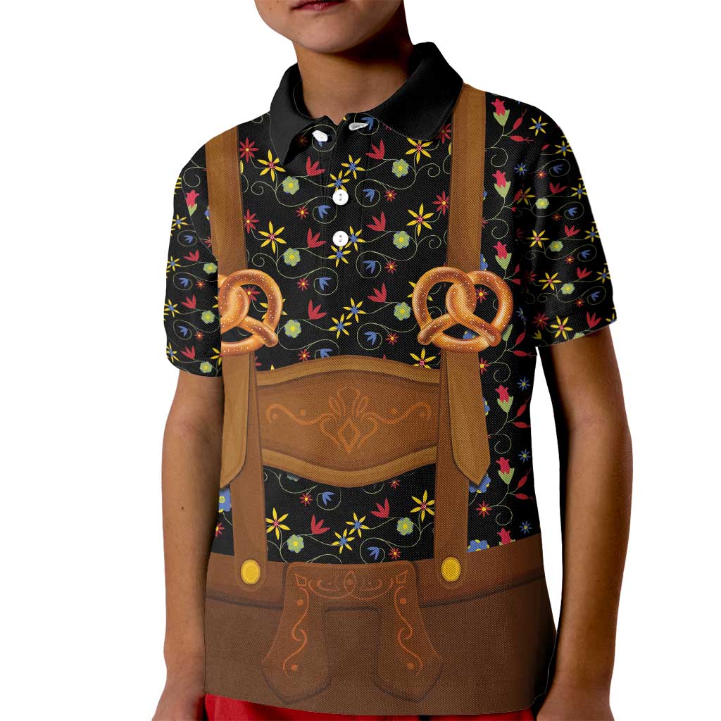Traditional German Costume - Lederhosen and Soft Pretzel Kid Polo Shirt Folk Floral Pattern Style