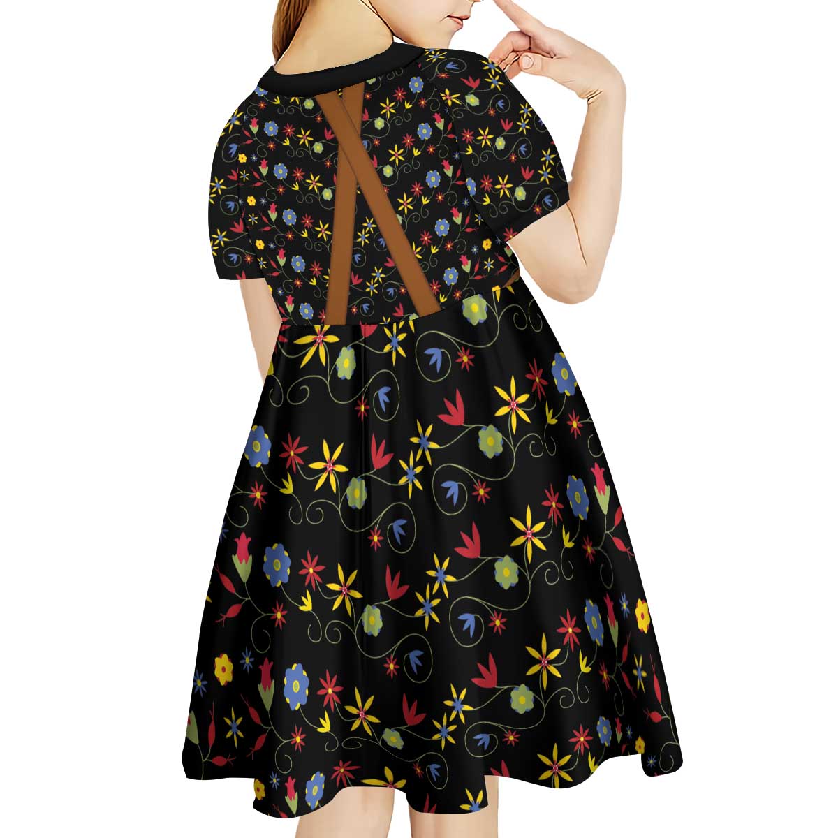 Traditional German Costume - Lederhosen and Soft Pretzel Kid Short Sleeve Dress Folk Floral Pattern Style