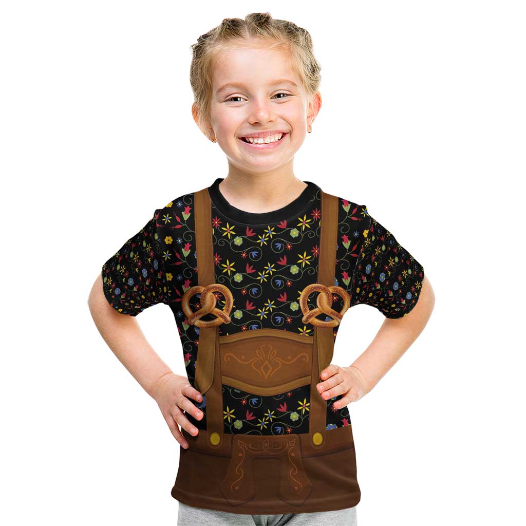 Traditional German Costume - Lederhosen and Soft Pretzel Kid T Shirt Folk Floral Pattern Style
