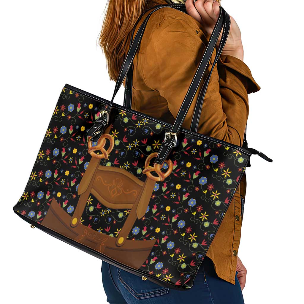 Traditional German Costume - Lederhosen and Soft Pretzel Leather Tote Bag Folk Floral Pattern Style