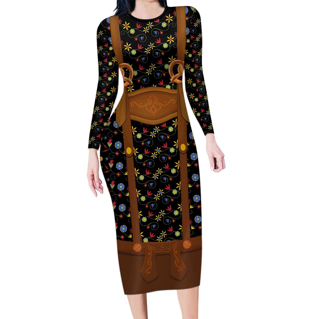 Traditional German Costume - Lederhosen and Soft Pretzel Long Sleeve Bodycon Dress Folk Floral Pattern Style