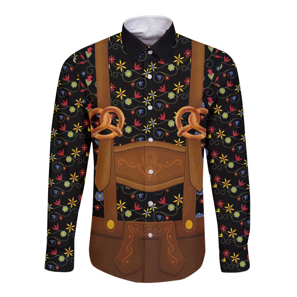 Traditional German Costume - Lederhosen and Soft Pretzel Long Sleeve Button Shirt Folk Floral Pattern Style