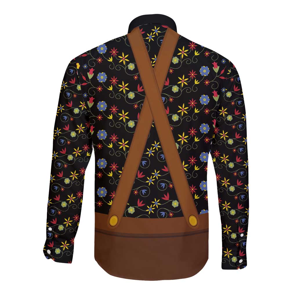 Traditional German Costume - Lederhosen and Soft Pretzel Long Sleeve Button Shirt Folk Floral Pattern Style