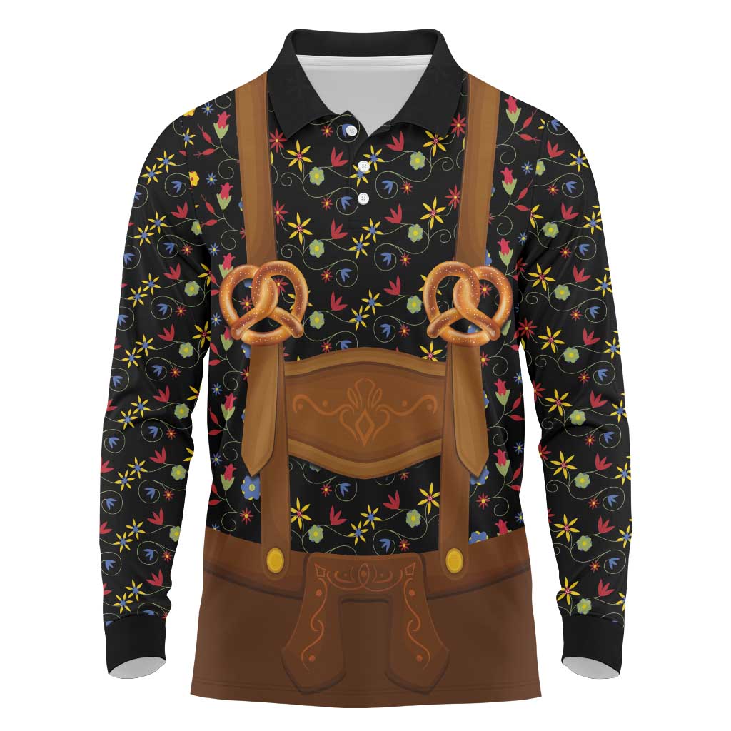 Traditional German Costume - Lederhosen and Soft Pretzel Long Sleeve Polo Shirt Folk Floral Pattern Style