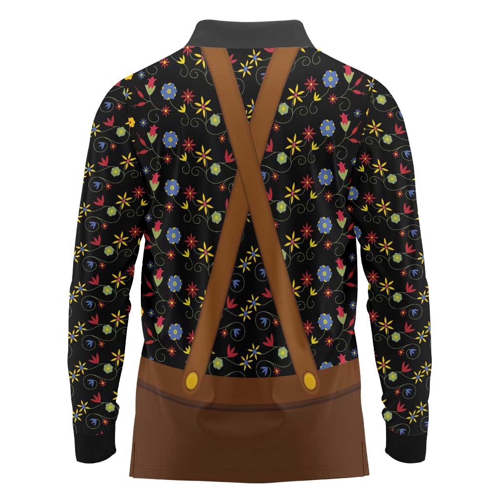 Traditional German Costume - Lederhosen and Soft Pretzel Long Sleeve Polo Shirt Folk Floral Pattern Style