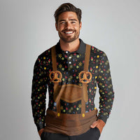 Traditional German Costume - Lederhosen and Soft Pretzel Long Sleeve Polo Shirt Folk Floral Pattern Style