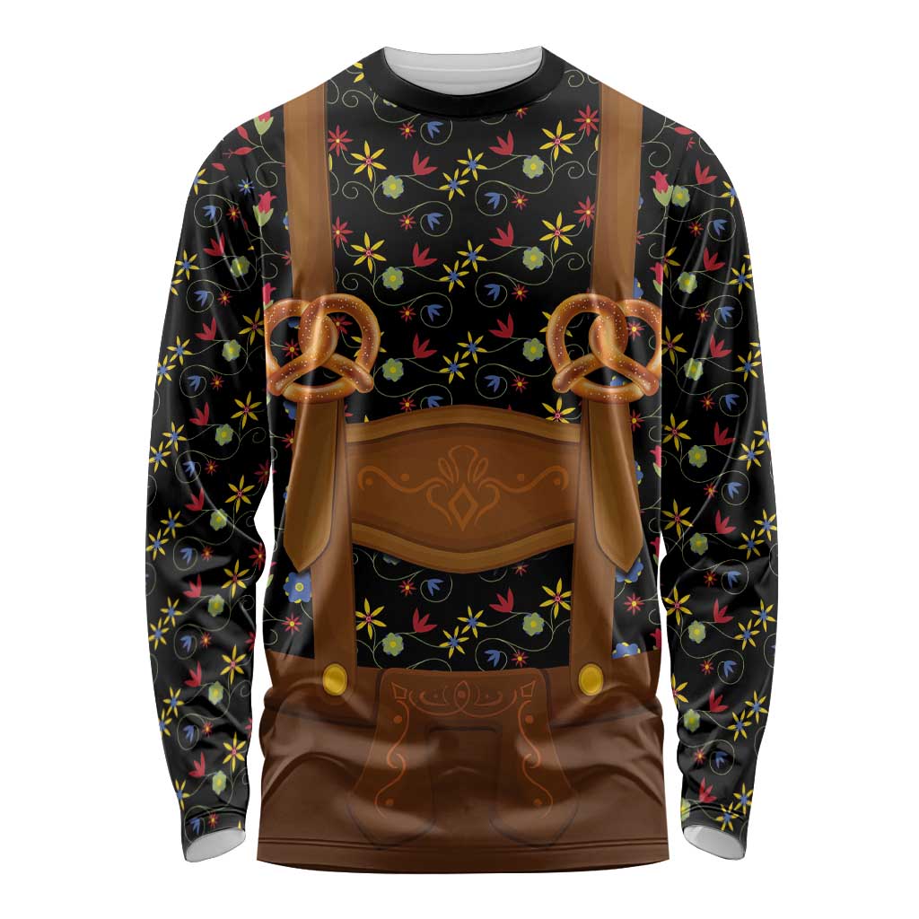 Traditional German Costume - Lederhosen and Soft Pretzel Long Sleeve Shirt Folk Floral Pattern Style