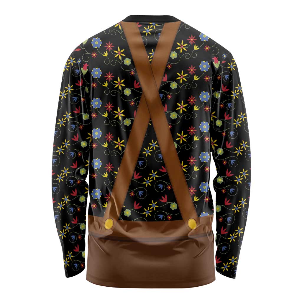 Traditional German Costume - Lederhosen and Soft Pretzel Long Sleeve Shirt Folk Floral Pattern Style