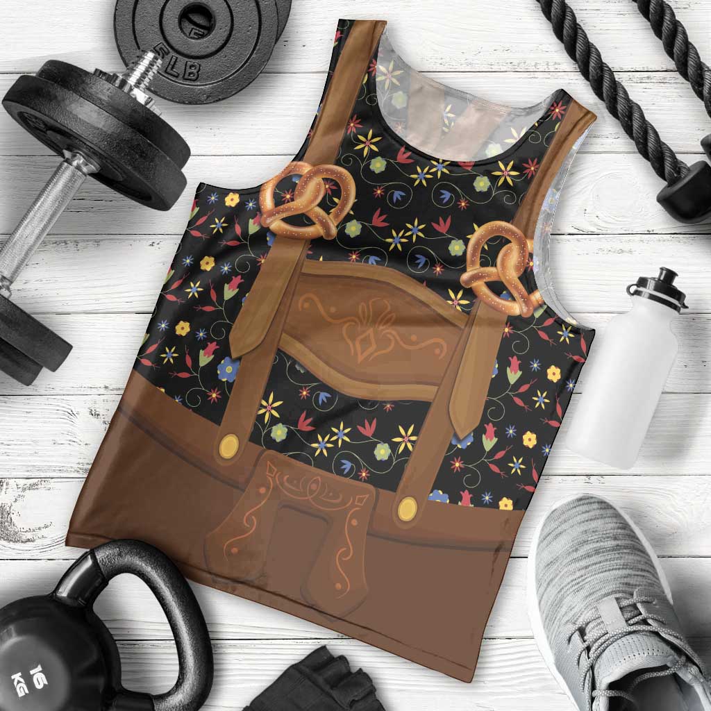 Traditional German Costume - Lederhosen and Soft Pretzel Men Tank Top Folk Floral Pattern Style
