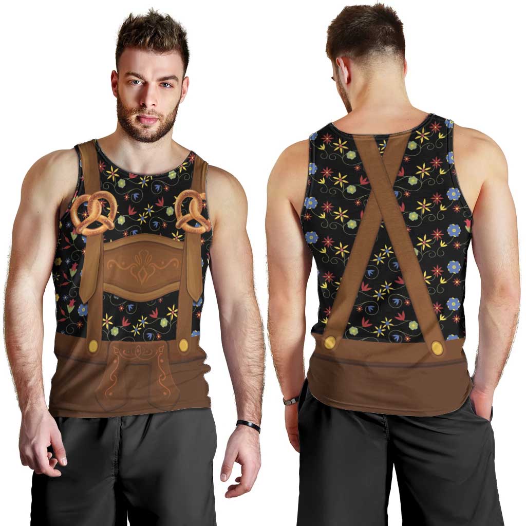 Traditional German Costume - Lederhosen and Soft Pretzel Men Tank Top Folk Floral Pattern Style